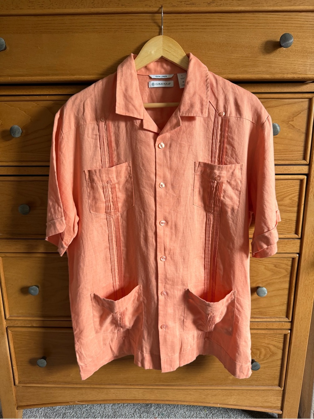 Cubavera Men's 100% Linen Guayabera Shirt Short Sleeve Button Down Peach Large